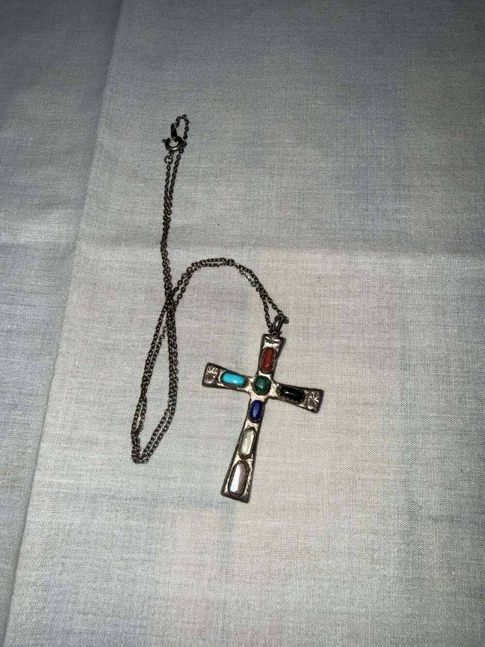 Zuni Handmade Cross Necklace 925 Silver Natural Gemstone Signed W. IUL – ,